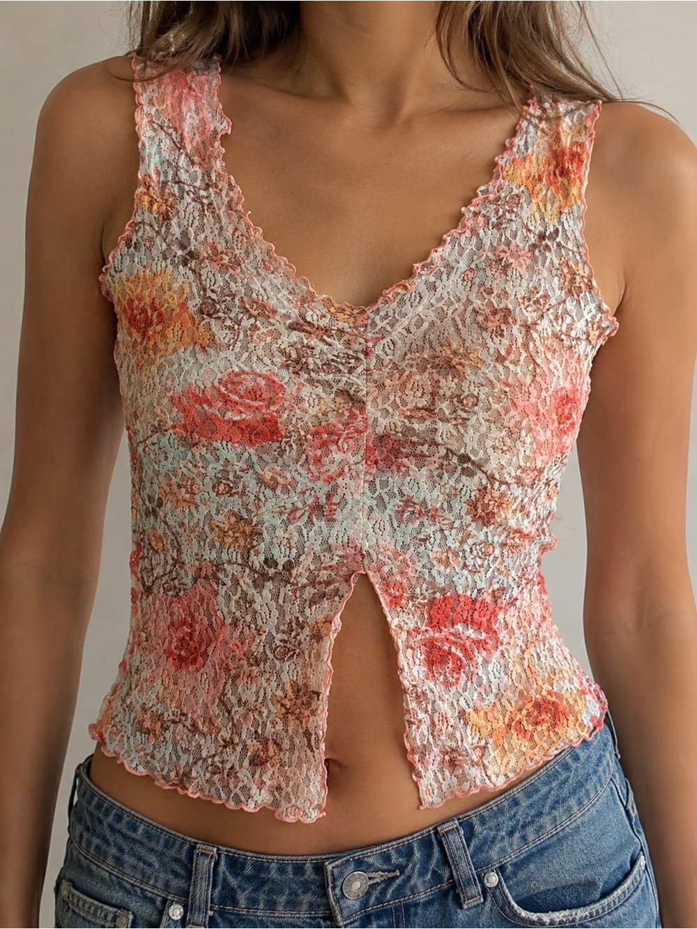 Vintage Y2K Garage Floral Lace Tank Top in Pink and Coral